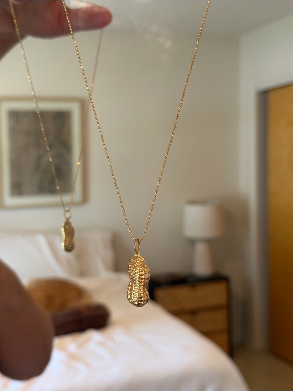 Goldbug Peanut Pendant with gold chain necklace